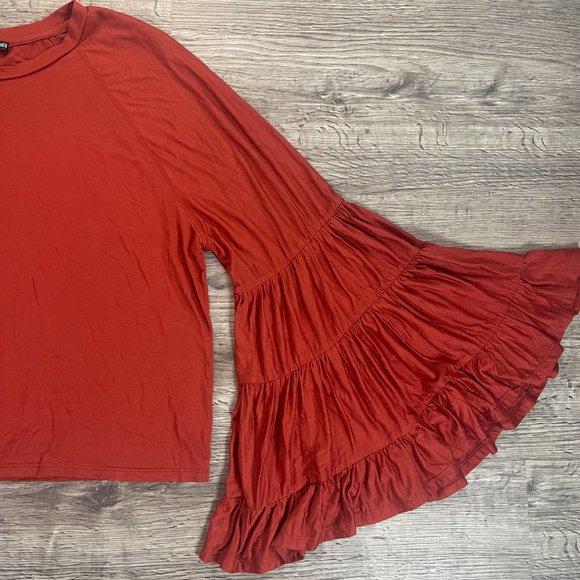 NWOT SheIn Orange Brown Red Rust 70s Boho Flowy Bell Sleeve Crop Blouse Top Sz M - Picture 6 of 9